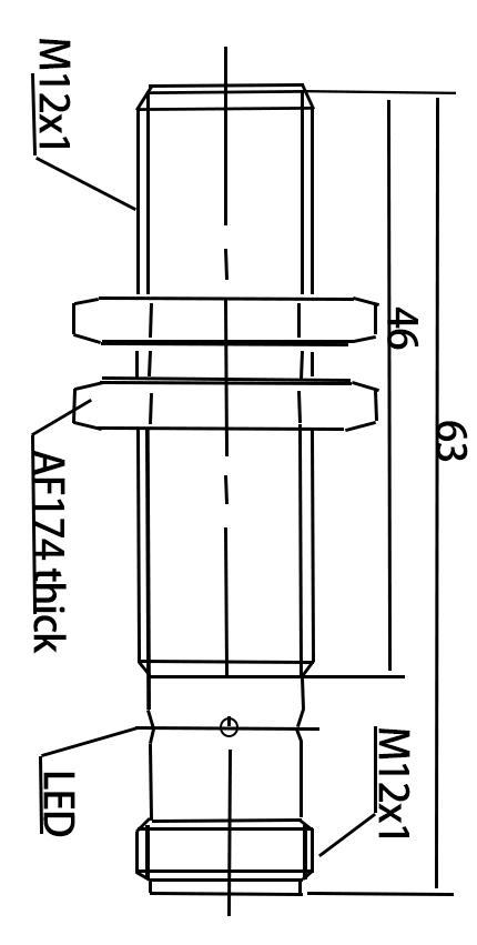 Dimensional drawing of Quasi Flush Inductive Sensor showing M12×1×63mm brass housing with mounting specifications